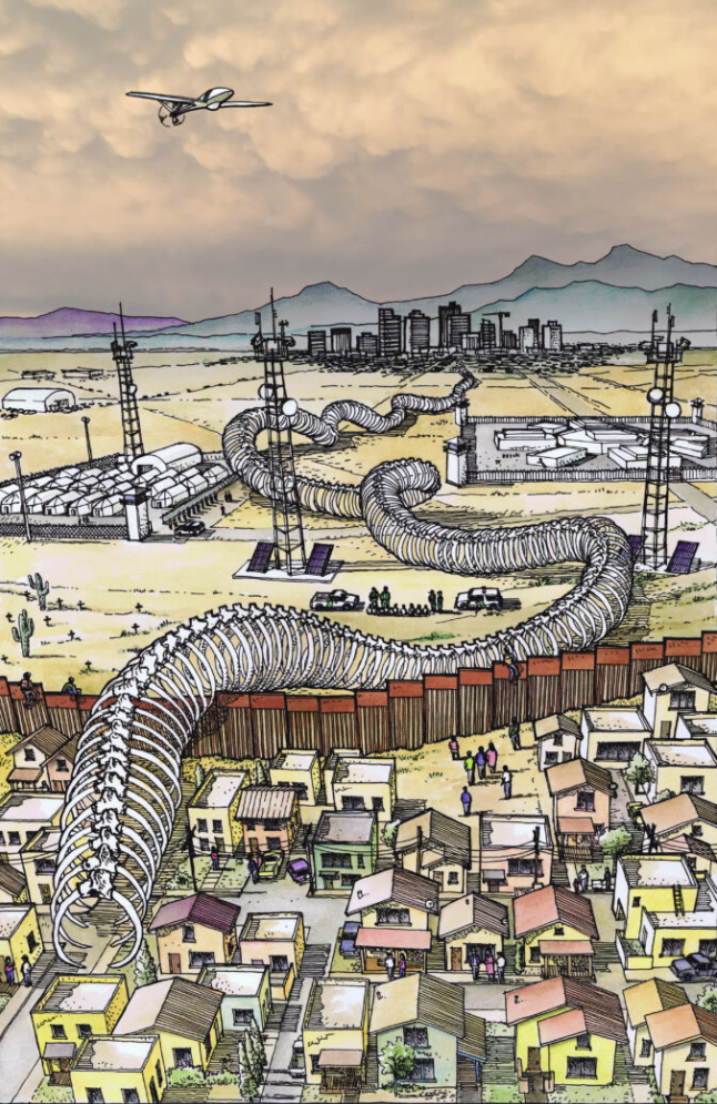 Illustration of a serpent-like skeleton snaking amongst  towns and cities into the horizon.